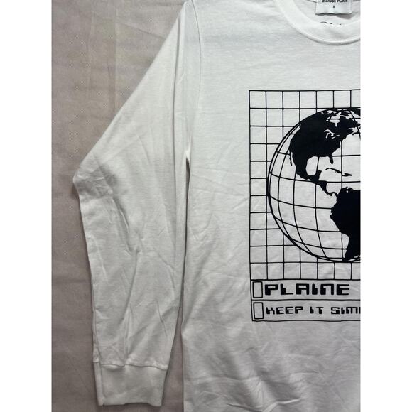 Melrose Place Shirt Men's Small White Long Sleeve Planet Earth Grid Graphic Tee - Picture 4 of 11